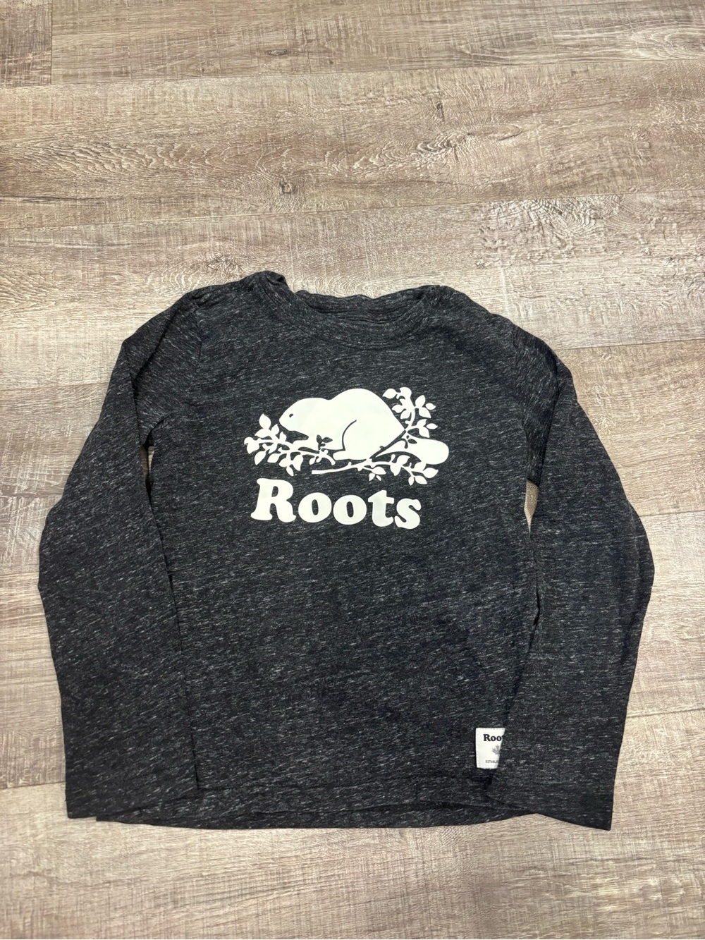 Roots Kids Long Sleeve Dark Heather Gray Top with White Beaver Logo